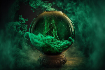 ball of the sorceress for predictions. green mist. ai generated - obrazy, fototapety, plakaty