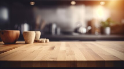 Empty wooden tabletop with blurred kitchen background and copy space