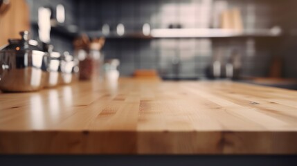 Obraz premium Empty wooden tabletop with blurred kitchen background and copy space