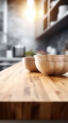 Fototapeta na wymiar Empty wooden tabletop with blurred kitchen background and copy space