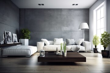 modern living room with a minimalist white couch and a sleek coffee table. Generative AI