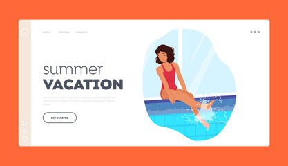 Summer Vacation Landing Page Template. Young Girl Sitting On The Edge Of Pool, Ready To Dive In. Child Splash with Legs