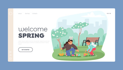 Obraz na płótnie Canvas Annual Easter Egg Hunt Landing Page Template. Children Excitedly Scour A Park For Eggs with Basket In Hands