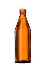 Brown beer bottle golden crown cap isolated on white background.