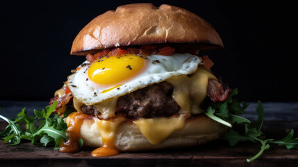 Morning Indulgence: A Delectable Breakfast Burger on a Brioche Bun, Generative AI