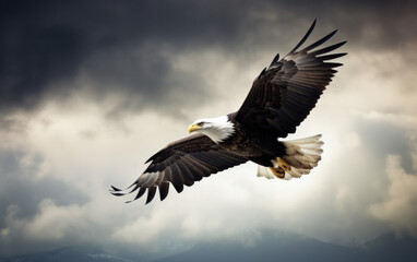 Obraz premium Bald eagle soaring in the sky with wings spread wide. The background is cloud. Generative AI