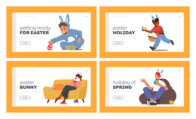 Happy Easter Landing Page Template Set. Characters Celebrate Easter, Enjoying Each Others Company