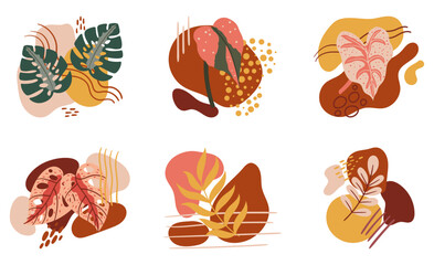 Abstract Set Of Tropical Leaves With Vibrant Colors And Unique Patterns. Image Is Perfect For Branding, Wallpapers