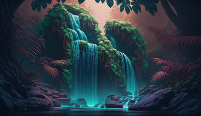 Fototapeta premium This image features a rainforest with a gradient of greens and blues. Created using generative AI