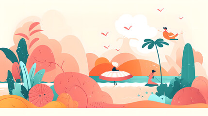 Fototapeta na wymiar Colorful Illustrations Capture the Beauty of a Summer Escape to Paradise