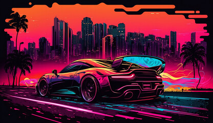 Plakat A city that never sleeps, where neon lights illuminate the skyline and a sports car races through the bustling streets. created using generative AI