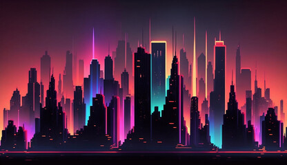 A futuristic cityscape illuminated by neon lights, where skyscrapers dominate the skyline and life moves at a fast pace.  Created using generative AI