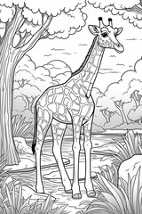 Line art design of abstract giraffe for kids coloring book page. Generative AI