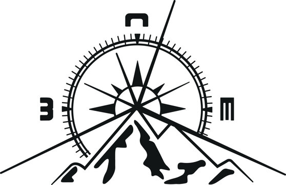 illustration of a compass partially covered by a range of mountains  set against a white backdrop, a symbol of camping life, travel and exploration. 