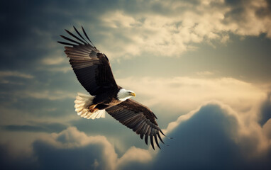 Fototapeta premium Bald eagle soaring in the sky with wings spread wide. The background is cloud. Generative AI