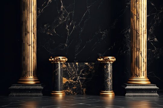luxurious black and gold marble room with grand columns. Generative AI