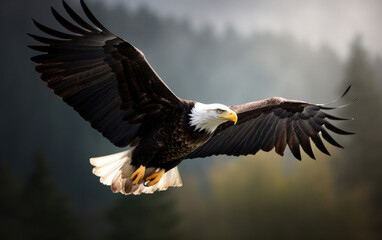 Bald eagle soaring in the sky with wings spread wide. The background is mountain. Generative AI