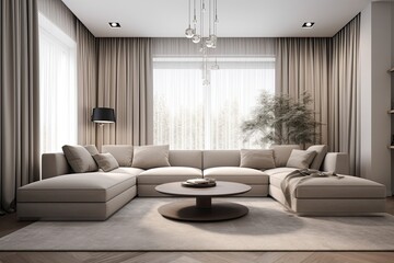 Cozy and Spacious Living Room with a Large Sectional Couch as the Focal Point. Generative AI