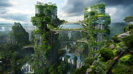 Obraz premium Overgrown Futuristic City with Skyscrapers and Waterfalls, generative ai