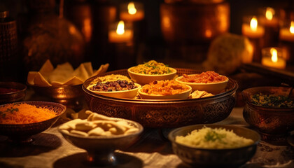Fototapeta premium Indian culture celebrates spirituality through a candle lit feast generated by AI