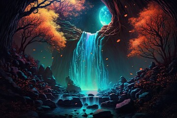 Fantasy Waterfall Inside a Forest - Generative AI
