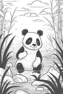 Cute cartoon panda. Black and white illustration for coloring book. Generative AI