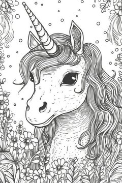 Cute cartoon unicorn. Black and white illustration for coloring book. Generative AI