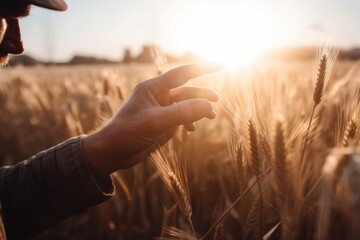 Closeup of a farmer's hand touching the top of a wheat stalk, while sun rays are breaking through the sunset in the background Generative AI