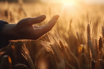 Closeup of a farmer's hand touching the top of a wheat stalk, while sun rays are breaking through the sunset in the background Generative AI