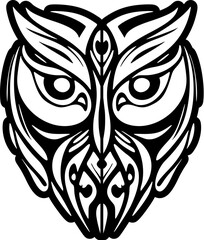 ﻿A black and white owl tattoo design featuring Polynesian patterns.