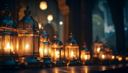 Fototapeta na wymiar Glowing candle illuminates ornate Arabic traditions indoors generated by AI