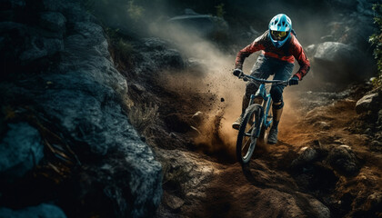 Muscular biker dominates extreme mountain terrain race generated by AI