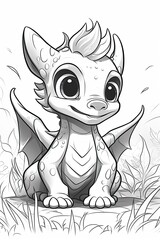 Cute cartoon dragon. Black and white illustration for coloring book. Generative AI