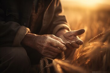 Closeup of a farmer's hand touching the top of a wheat stalk, while sun rays are breaking through the sunset in the background Generative AI