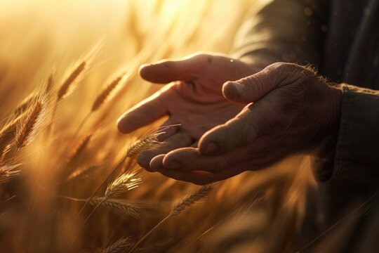 Closeup of a farmer's hand touching the top of a wheat stalk, while sun rays are breaking through the sunset in the background Generative AI