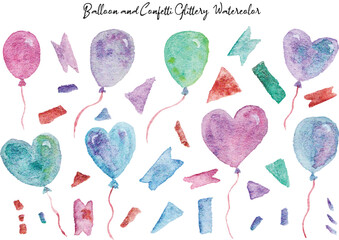 set of balloons party with ribbon and confetti watercolor