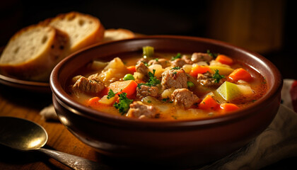 Braised beef stew with cooked fresh vegetables generated by AI