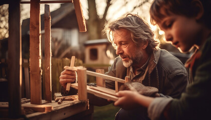 Father and son carpenters create outdoor masterpiece generated by AI