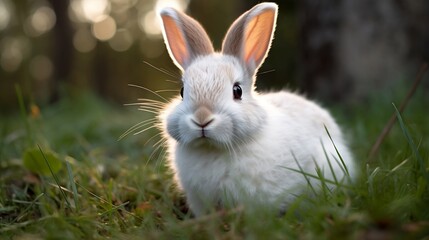 Сute realistic rabbit on the grass. Generative Ai.