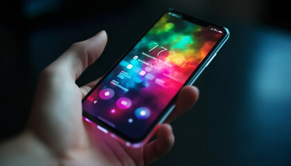 Hand holding smart phone modern communication technology generated by AI