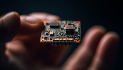 Human hand holds soldered computer chip, repairing motherboard generated by AI