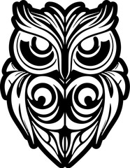 ﻿Tattoo design of an owl with black and white, featuring Polynesian patterns.