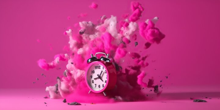 Exploding alarm clock on magenta background, concept of Time Management and Power of Color, created with Generative AI technology