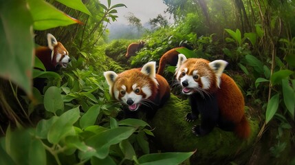 Family of Red Pandas in the Jungle