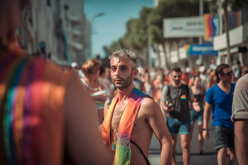Young people walking down the street in the Pride parade