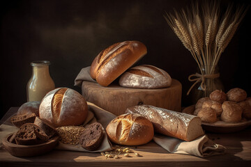 View of assortment of different kind of bread bakery. Concept menus and advertisement. Generative AI