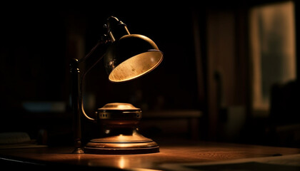 Rustic metal lantern illuminates ancient wooden desk generated by AI