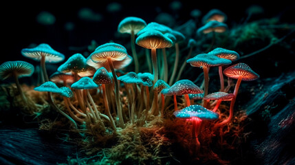 Fototapeta na wymiar Bioluminescent, psychedelic, mushrooms. Generative AI