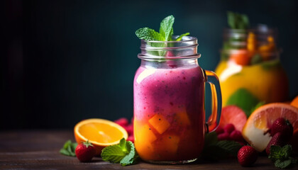 Fresh berry cocktail on rustic wooden table generated by AI