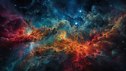 Fototapeta na wymiar View in outer space far in the universe of swirling galaxies, nebulae, and stars against blackness.